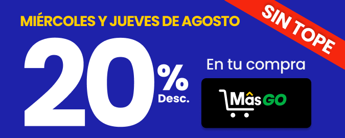 Todos los Miércoles y Jueves de agosto 🛍️ 20% de descuento en toda tu compra SIN TOPE en Tiendas MásGo ✨